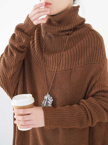 Casual Solid Color High-Neck Long Sleeves Knitted Sweater Midi Dress