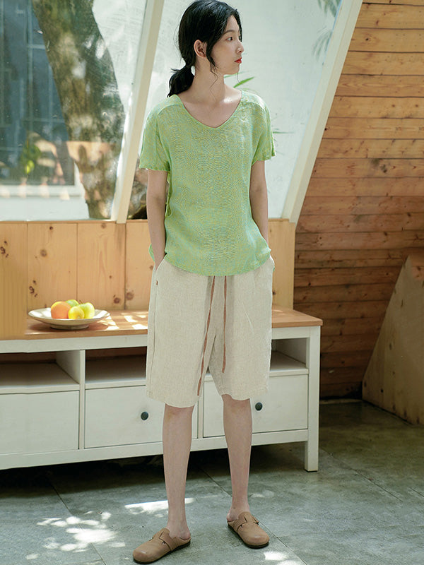 Casual Linen Drawstring Elasticity Waist Loose Shorts