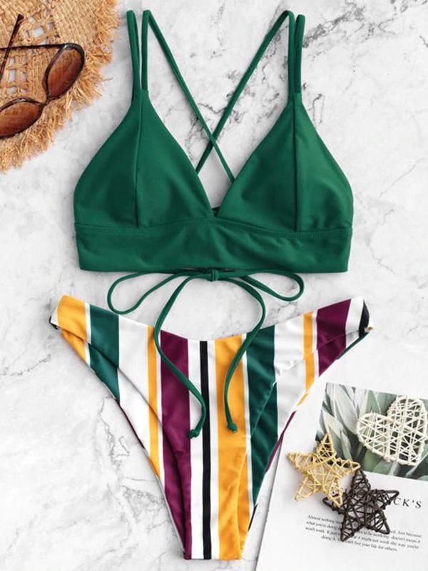 Striped Bandage Backless Split Bikini Swimsuit