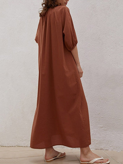 Casual Loose Linen 3 Colors Tied Pleated V-Neck Bishop Half Sleeves Midi Dress