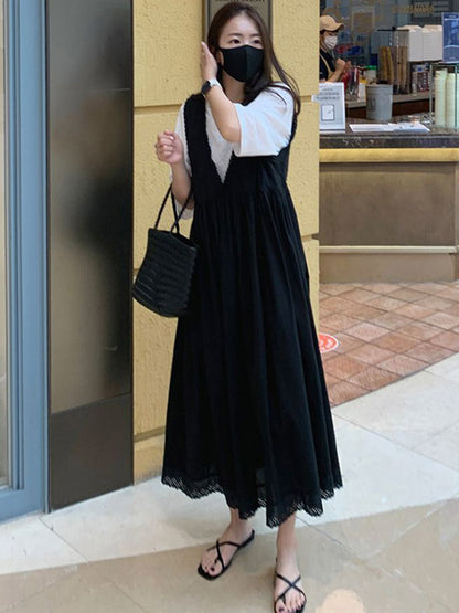 Casual Solid Color Split-Joint Pleated V-Neck Sleeveless Midi Strap Dress