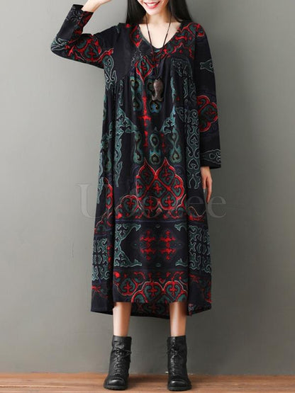 Vintage Floral Ramie Cotton V-neck Maxi Dress