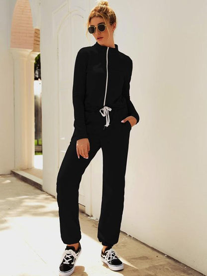 Solid Zipper Drawstring Jumpsuits