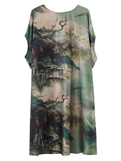 Vintage Loose Printed Batwing Sleeves Round-Neck Midi Dress