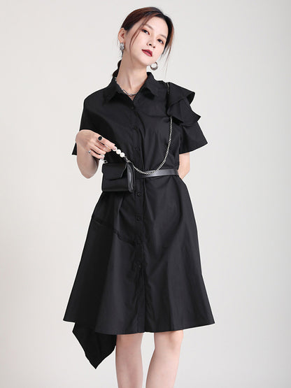 Stylish Irregular Split-Joint Falbala Buttoned Lapel Collar Short Sleeves Midi Dress