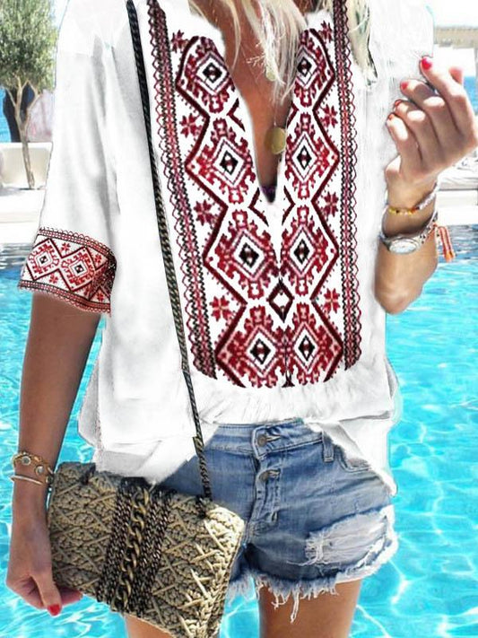 Loose Printed Deep V-neck Half Sleeve T-shirt