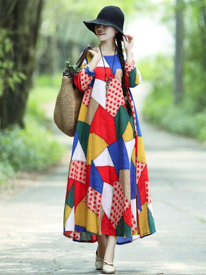 Colorful Cube Printed Long Dress