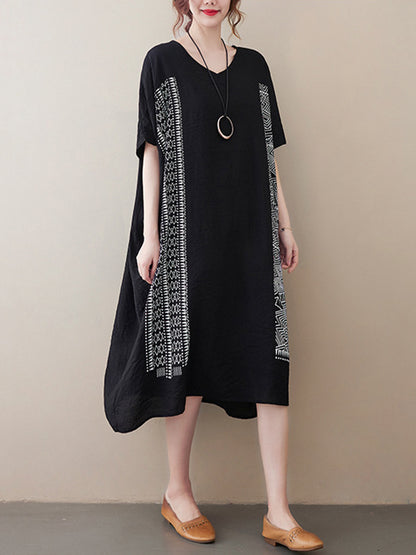 National Printed Batwing Sleeves Round-Neck Loose Midi Dress