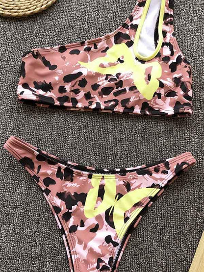 Single Shoulder Leopard Bikini Set