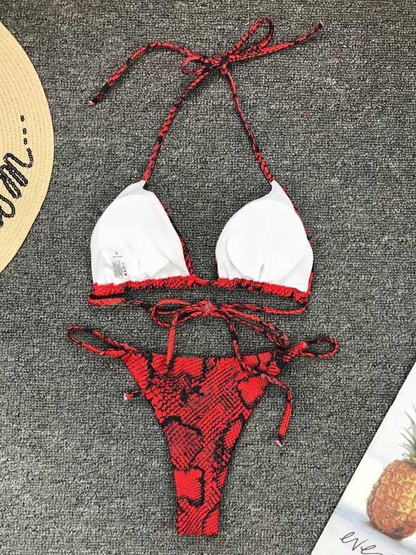 Snakeskin Print Top With High Cut Bikini Set