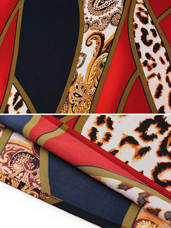Casual Loose Split-Joint Contrast Color Leopard Floral Printed Lapel Collar Long Sleeves Midi Dress