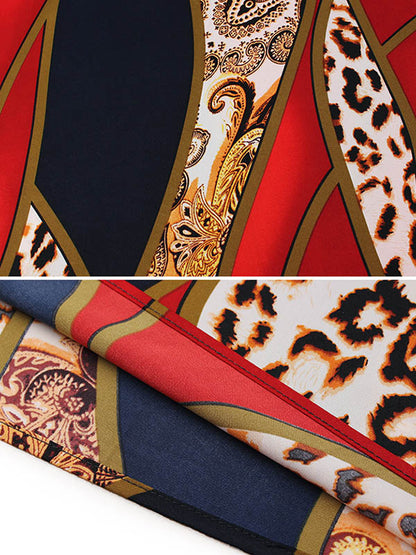 Casual Loose Split-Joint Contrast Color Leopard Floral Printed Lapel Collar Long Sleeves Midi Dress