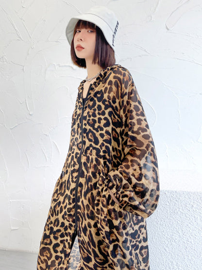 Original Leopard Zipper Split-Side Hooded Long Sleeves Sun-Protection Outerwear