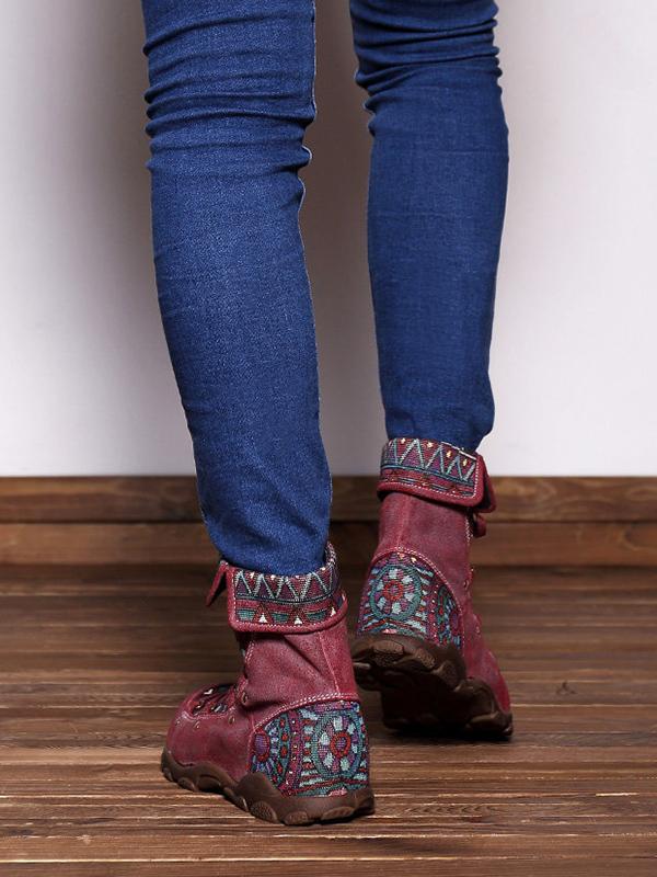 Printed Zipper Bandage Leather Boots