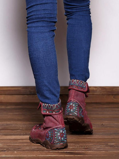 Printed Zipper Bandage Leather Boots