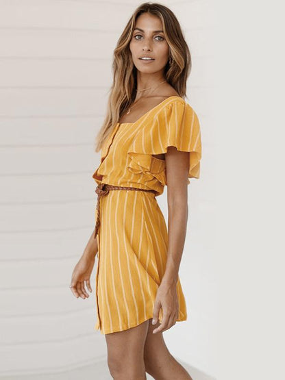 Square Collar Casual Stripped Mini Dress