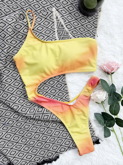 Tie-Dyed Hollow One-Shoulder One-Piece Swimsuit