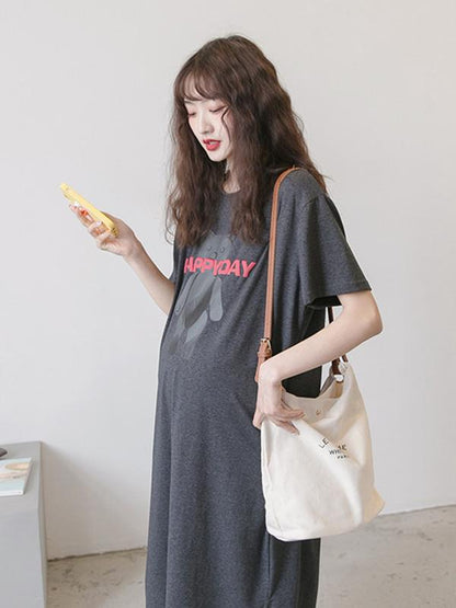 Maternity Printed Short Sleeves Round-neck Midi Dress