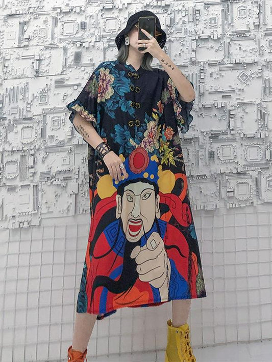 Casual Retro Printed Loose Midi Dress