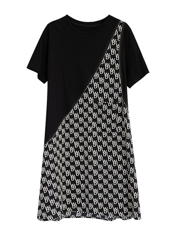 Original Loose Split-Joint Letter Printed Round-Neck Short Sleeves False Two Mini Dress