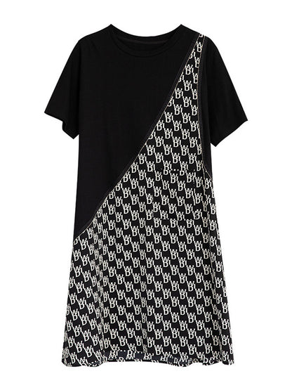 Original Loose Split-Joint Letter Printed Round-Neck Short Sleeves False Two Mini Dress