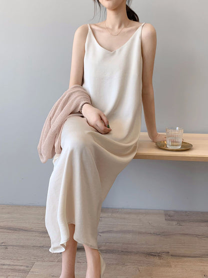 Urban Solid Color Spaghetti-Neck Loose Midi Dress