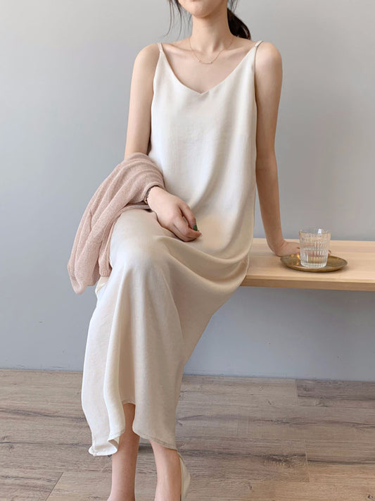 Urban Solid Color Spaghetti-Neck Loose Midi Dress