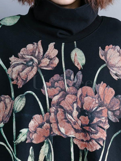 Casual Floral Printed High-neck Sweatshirt