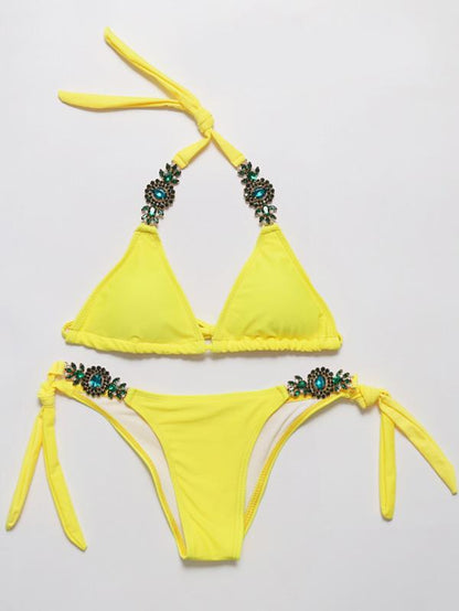 Solid Color Imitated Crystal Decorated Bikinis Swimwear
