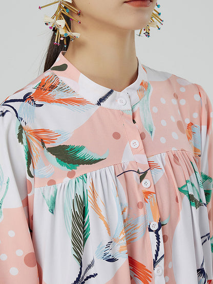 Stylish Buttoned Printed Loose Long Sleeves Midi Dress