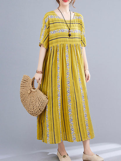 Vintage Striped Printed Round-Neck Short Sleeves Midi Dress