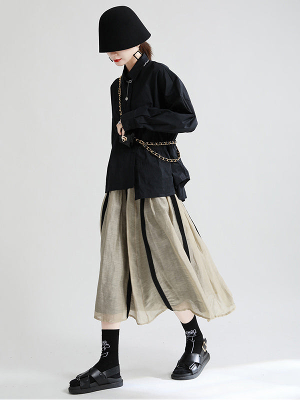 Original Irregular Solid Color Split-Joint Pleated Buttoned Lapel Collar Long Sleeves Blouse