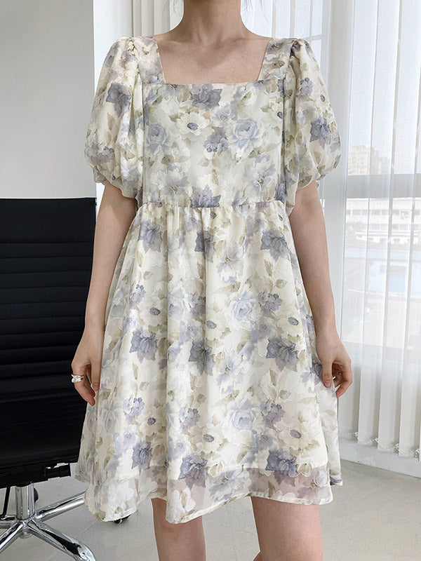 Original Floral Printed Square-Neck Puff Sleeve Mini Dress