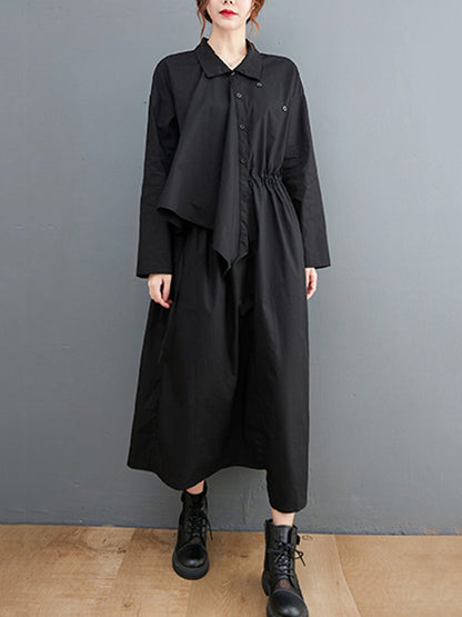 Artistic Retro Irregular Split-Joint Plaid Pleated Buttoned Elasticity Waist Lapel Collar Long Sleeves Midi Shirt Dress