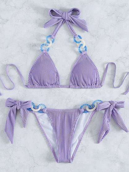 Triangle Tie-Side Solid Color Decoration Bikini Swimwear