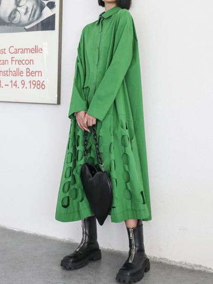 Stylish Solid Color Asymmetric Lapel Long Sleeves Midi Dress
