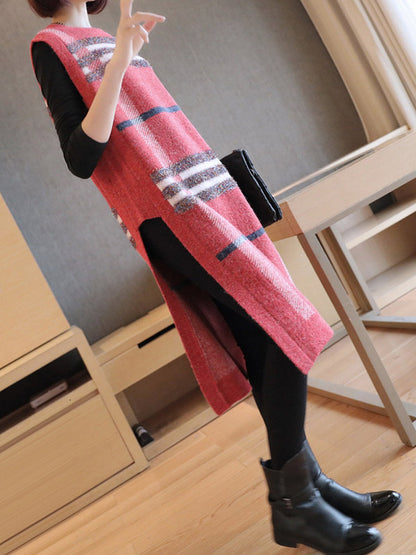 Artistic Retro Striped Split-Side Round-Neck Sleeveless Knitted Vest