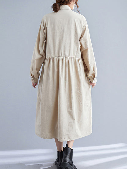 Casual Solid Color Pleated Buttoned Lapel Collar Long Sleeves Midi Shirt Dress