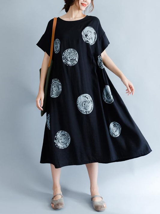 Black Polka-Dot Print Round-neck Midi Dress