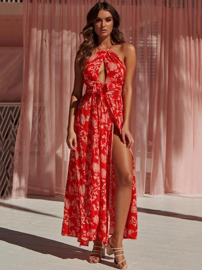Printed Sexy Open-back Maxi Dress