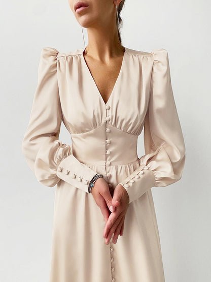 Urban Buttoned Split-Front High Waisted Puff Sleeve A-Line Midi Dress