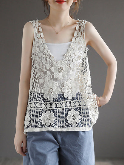Stylish Solid Color Embroidered V-Neck Vest Tops
