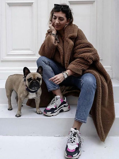 Loose Solid Lapel Fuzzy Coat