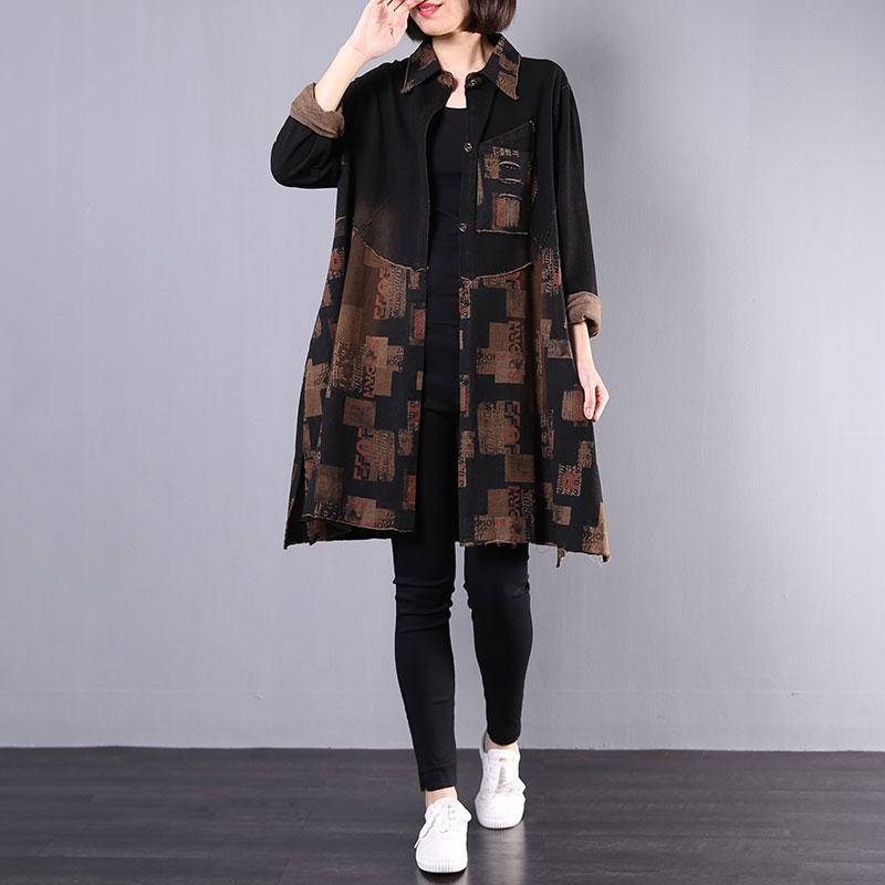 Buykud Retro Printed Split Hem Casual Loose Coat