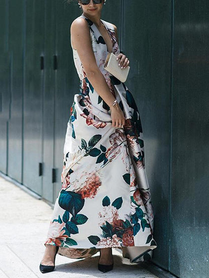 Floral Deep V neck Maxi Dress