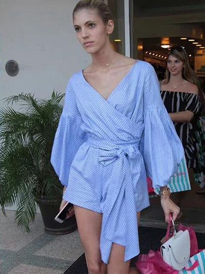 Stripe Puff Sleeves V neck Jumpsuits