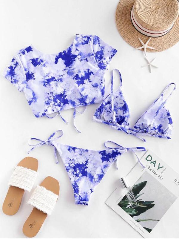 Tie-Dyed Short Sleeve & Triangle Three-Piece Split Bikini Swimsuit