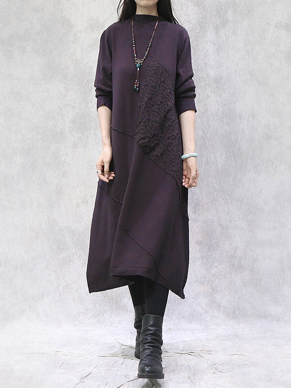 Artistic Retro Solid Color Split-Joint Embroidered High-Neck Long Sleeves Knitted Sweater Dress