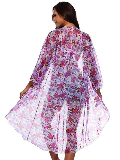 Chiffon Flared Sleeves Printed Cover-Ups