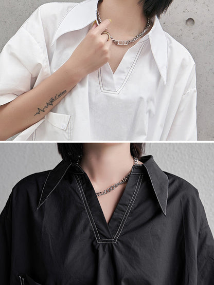 Urban Solid Color High-Low Batwing Sleeves Lapel V-Neck Shirts